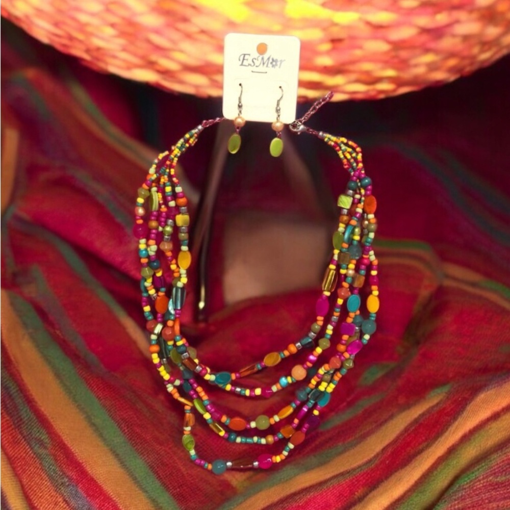 Vintage EsMor 5 Strand Multicolor Beads Necklace with Matching Earrings